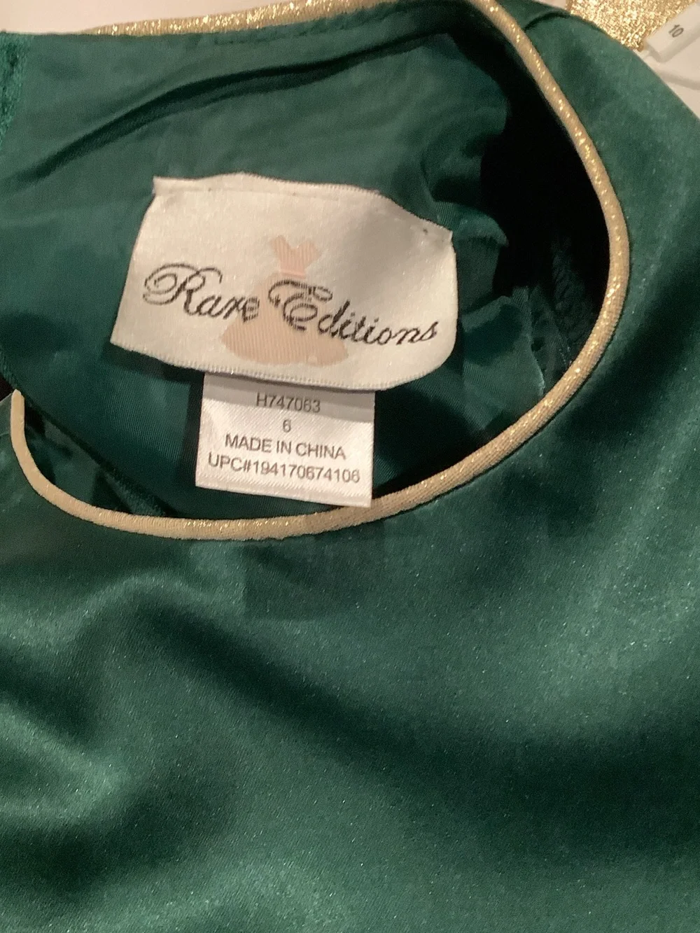 Rare Editions Emerald Green Dress with Gold Trim and Bow